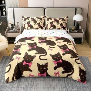 Erosebridal Комплект постельного белья Cats из 100% хлопка с розовыми бантами в стиле принцессы с художественным изображением котят, Black Yellow Pink