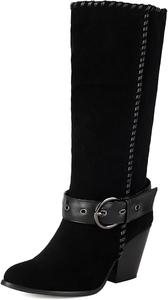 Женские сапоги до середины голени с заостренным носком, массивным средним каблуком, в западном стиле, на мягкой посадке с металлическими пряжками Generic, Black