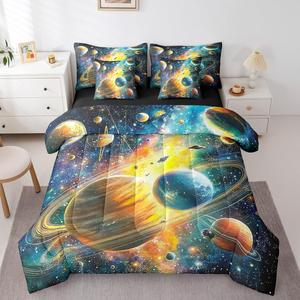 Erosebridal Комплект постельного белья 3D Galaxy с изображением планет в стиле масляной живописи, космическая тематика для любого сезона, Blue Yellow