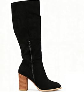 Женские замшевые сапоги до колена, осенние с массивным каблуком, свободной посадкой, модные ботинки с круглым носком и боковой молнией, зимние сапоги Generic, Black