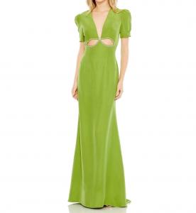 Платье с глубоким вырезом, пышными рукавами и ажурными вставками в яблочно-зеленом цвете Mac Duggal