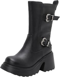 Элегантные женские ботинки на массивном каблуке до середины голени с круглым носком и молнией, идеальные для осени и зимы XIEPP, Black