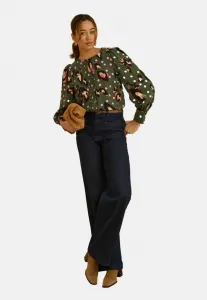 Блузка прямого кроя с пуговицами и плиссировкой, круглым вырезом. Love & Roses, Khaki Green Animal