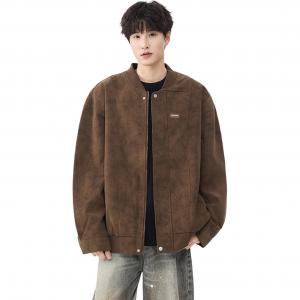 Кожаная куртка Unisex Stand Collar Moderate WARRIOR, coffee[free diy badge]