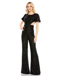 Sequined Puff Shoulder Illusion Cut Out Jumpsuit Mac Duggal, черный