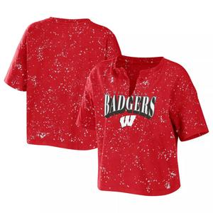 Женская одежда Erin Andrews: футболка Red Wisconsin Badgers Bleach Wash Splatter Notch Neck