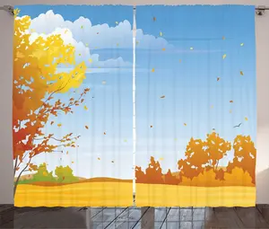 Шторы ABAKUHAUS "Деревенский урожай", "Пшеничное поле осенью", универсальные ленточные шторы для гостиной с петлями и крючками, 280 x 225 см, нежно-голубой и разноцветный Abakuhaus