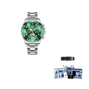 KANGOL Часы Automatic Mechanical Movement Stainless Steel Strap Watch Men's Watch Black Dial, Silver Case Green Dial