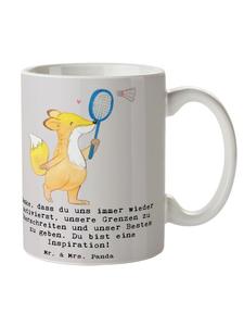 Кружка для тренера по бадминтону с надписью в пастельно-сером цвете Mr. & Mrs. Panda