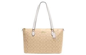 Сумка-шоппер Coach с верхом на молнии из лакированной кожи и текстиля, женская, цвета хаки, белый, мультиколор