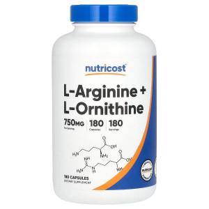 L-аргинин + L-орнитин, 750 мг, 180 капсул Nutricost