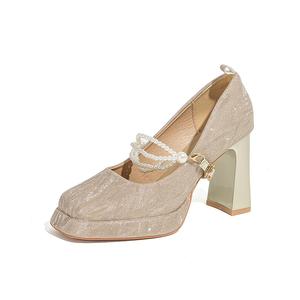 Туфли Мэри Джейн на толстом каблуке 9 см женские Bamiti, Champagne
