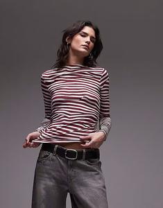 Трикотажный топ Topshop с вырезом-лодочкой и длинными рукавами в белом и бордовом цветах