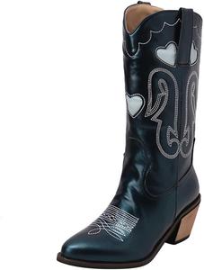 Женские ковбойские сапоги IWIHMIV, средние сапоги до икры, с вышивкой, повседневные, с низким массивным каблуком, длинные ботильоны, Green