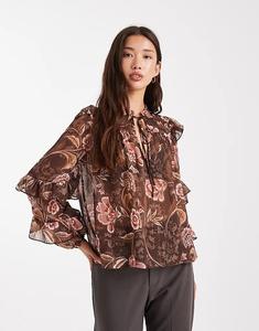 Блузка New Look с воланами на рукавах, коричневого цвета с цветочным принтом