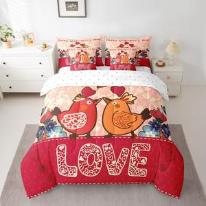 Erosebridal Комплект постельного белья Birds с милыми животными и сердечками в красном цвете, Red