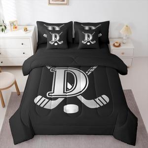 Erosebridal Комплект постельного белья Ice Hockey King с инициалом D, черно-серая расцветка для зимних видов спорта, Black D