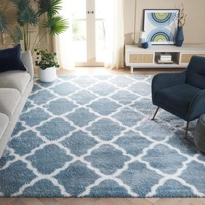 Ковер SAFAVIEH, 244 x 305 см, - коллекция Tahoe Shag - большой - синий и белый, узор Trellis, не линяет и легко чистится, плюшевый густой ворс, идеально для гостиной, спальни, столовой (THO675M)