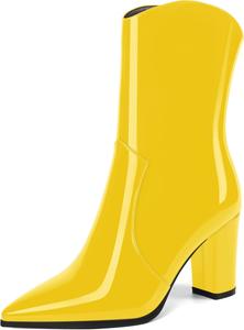 Женские ботильоны MOVINSTEPS в ковбойском стиле с закрытым носком, модные, с боковой молнией, из лакированной кожи, массивный высокий каблук, средняя голень, каблук 3,3 дюйма, Yellow
