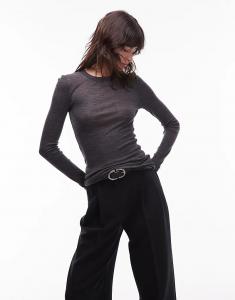 Трикотажный полупрозрачный топ ARKET из мериносовой шерсти с длинными рукавами темно-серого цвета