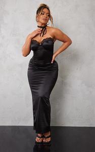 PrettyLittleThing Черное атласное платье макси с кружевной отделкой и завязками на спине