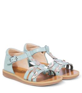 Кожаные сандалии с аппликацией в виде маков Pom d'Api, Nappa Light Green - Multi