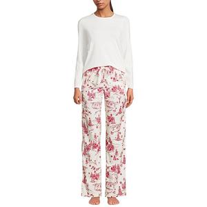 Женский комплект: трикотажный топ с длинным рукавом и пижамные брюки из фланели Lands' End, Ivory Red Village