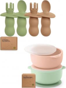 Набор из 4 силиконовых детских ложек и вилок Keababies и 2 детских миски с присосками, крышками