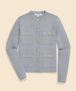 Вязаный жакет без воротника из полиэстера и хлопка в миланскую ребристую ткань с золотыми пуговицами