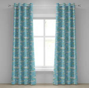 Штора ABAKUHAUS Акулий глаз, винтажный стиль, морские животные, плавающие камбалы, скаты и медузы, декоративные двухпанельные шторы, 280 см x 225 см, бледно-голубой, серо-зеленый Abakuhaus