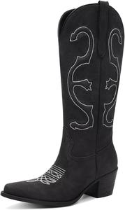 Женские ковбойские сапоги до середины голени, сапоги ковбойские с заостренным носком, массивным каблуком, модная вышивка, стиль вестерн, на молнии GPXGPX, Black