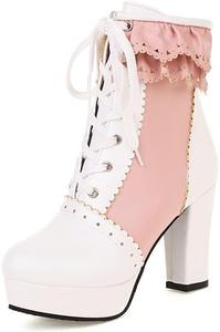 Женские ботинки Bellirala Lolita на платформе с высоким массивным каблуком и шнуровкой, с застежкой-молнией, White/Pink