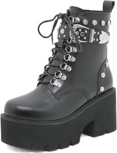 Женские готические ботильоны ZKXYFFS на платформе и танкетке, мотоциклетные с пряжкой, шнуровкой сбоку и молнией, панк-брутальные средние ботинки, 9.5-10 G-Black