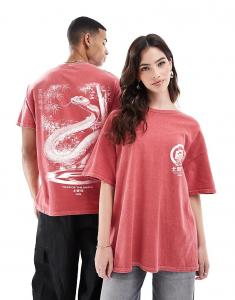 Футболка с классическим принтом спереди и сзади, китайская печать, стираная, красного цвета