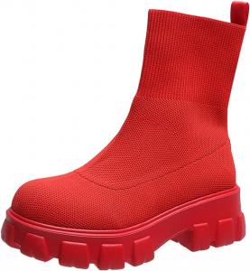 Женские трикотажные ботинки с эластичным верхом, модные ботинки на платформе, на высокой массивной подошве, противоскользящие ботинки Челси Generic, Red