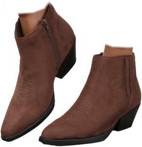 Женские ковбойские сапоги SACFOF в западном стиле с острым носком, модные ковбойские ботинки для женщин с низким толстым каблуком и короткими ботильонами, Brown