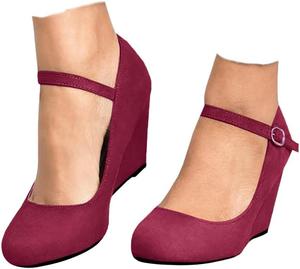 Женские туфли на танкетке Coutgo, стиль Mary Jane, с закрытым носком и ремешком на щиколотке, удобные и на каблуке, Wine Red