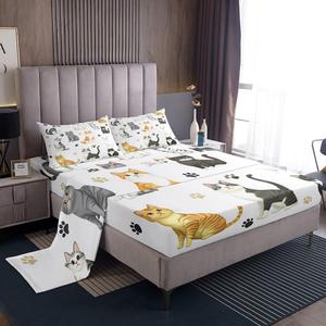 Erosebridal Комплект постельного белья с принтом милых котят и кошачьих лапок в белом цвете, White Black Orange