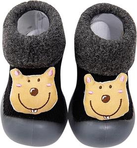 Детские ботинки для малышей с животным принтом, милые флисовые ботинки с низким каблуком, нескользящие теплые ботильоны для первой зимней ходьбы Generic, Black