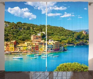 Шторы ABAKUHAUS в итальянском деревенском стиле, панорамный вид на Портофино, универсальные ленточные шторы для гостиной с петлями и крючками, 280 x 175 см, зеленый, синий, желтый Abakuhaus
