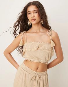 Топ-бралет ASOS DESIGN Coord с кружевной отделкой и жатым завязкой на плечах, цвет "песочный"