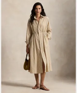 Платье-рубашка в полоску из хлопка и льна на шнуровке Polo Ralph Lauren, цвет 260 Brown