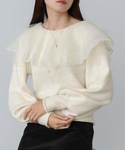 Вязаный топ с воротником-рюшами из тюля