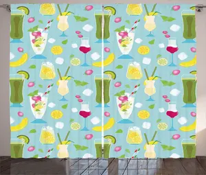 Летняя штора ABAKUHAUS в деревенском стиле, экзотические ледяные коктейли, универсальные ленточные шторы для гостиной с петлями и крючками, 280 x 225 см, светло-голубой с разноцветным узором Abakuhaus