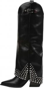 Женские замшевые сапоги до колена абрикосового цвета с заостренным носком, отворотами, пряжкой и массивным каблуком Generic, Black