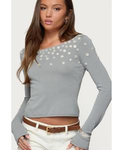 Женская переливающаяся блузка с пуговицами и вырезом-лодочкой Edikted, Light-gray
