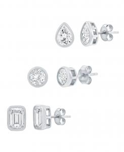 Серьги-гвоздики из стерлингового серебра, 3 пары, с фианитами различной формы Simona, Silver