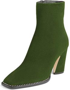 Женские ботильоны YDN с квадратным носком, отделкой заклепками, высокой массивной подошвой, боковой молнией, замшевые праздничные туфли, Green