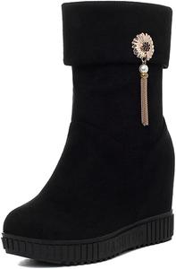 Женские ботильоны VOKLIN с круглым носком, скрытой танкеткой, элегантные, на высоком толстом каблуке с кисточками, короткие ботинки на носок, Black/Suede Leather