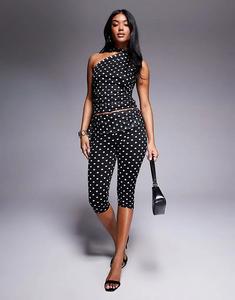 Эксклюзивные двухслойные облегающие брюки-капри Kaiia с отворотом на поясе в однотонный горошек